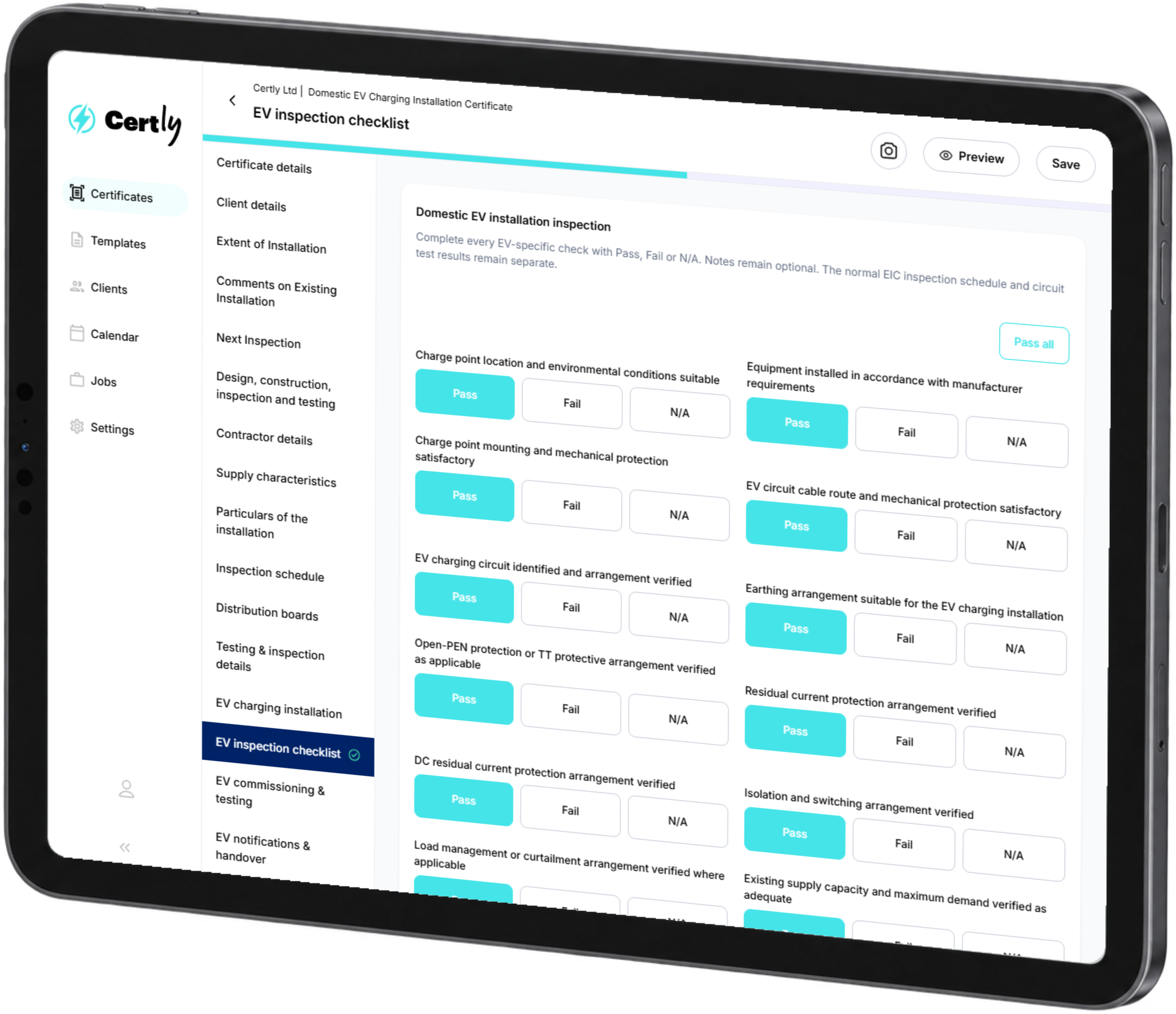 Certly tablet showing EV certificate entry